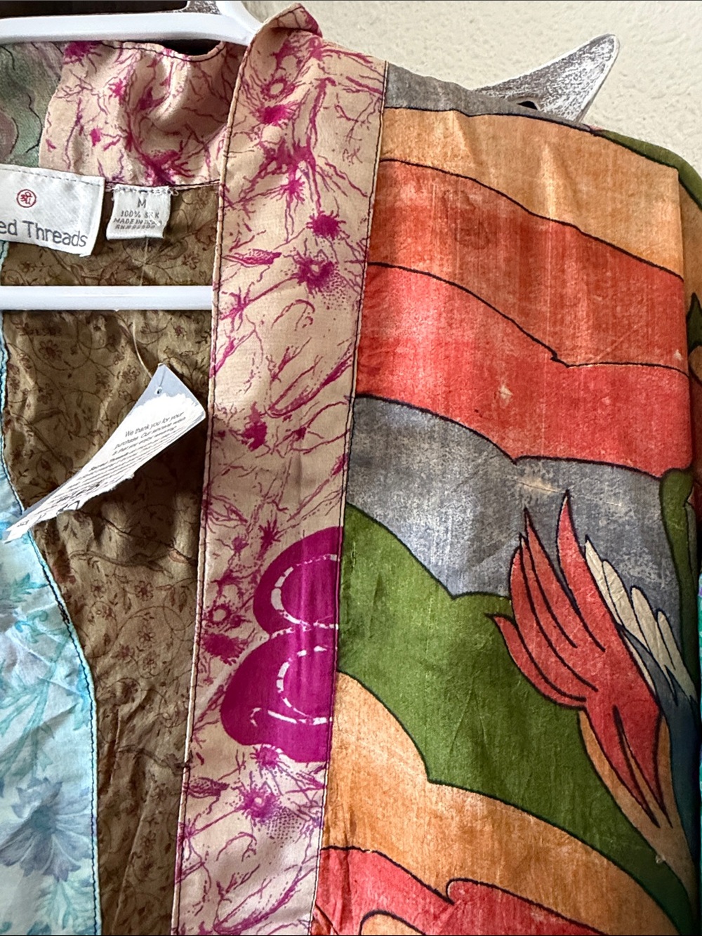 Sacred Threads Mixed Print India Silk BOHO Festival HIPPIE Kaftan Robe Womens M - Picture 3 of 4